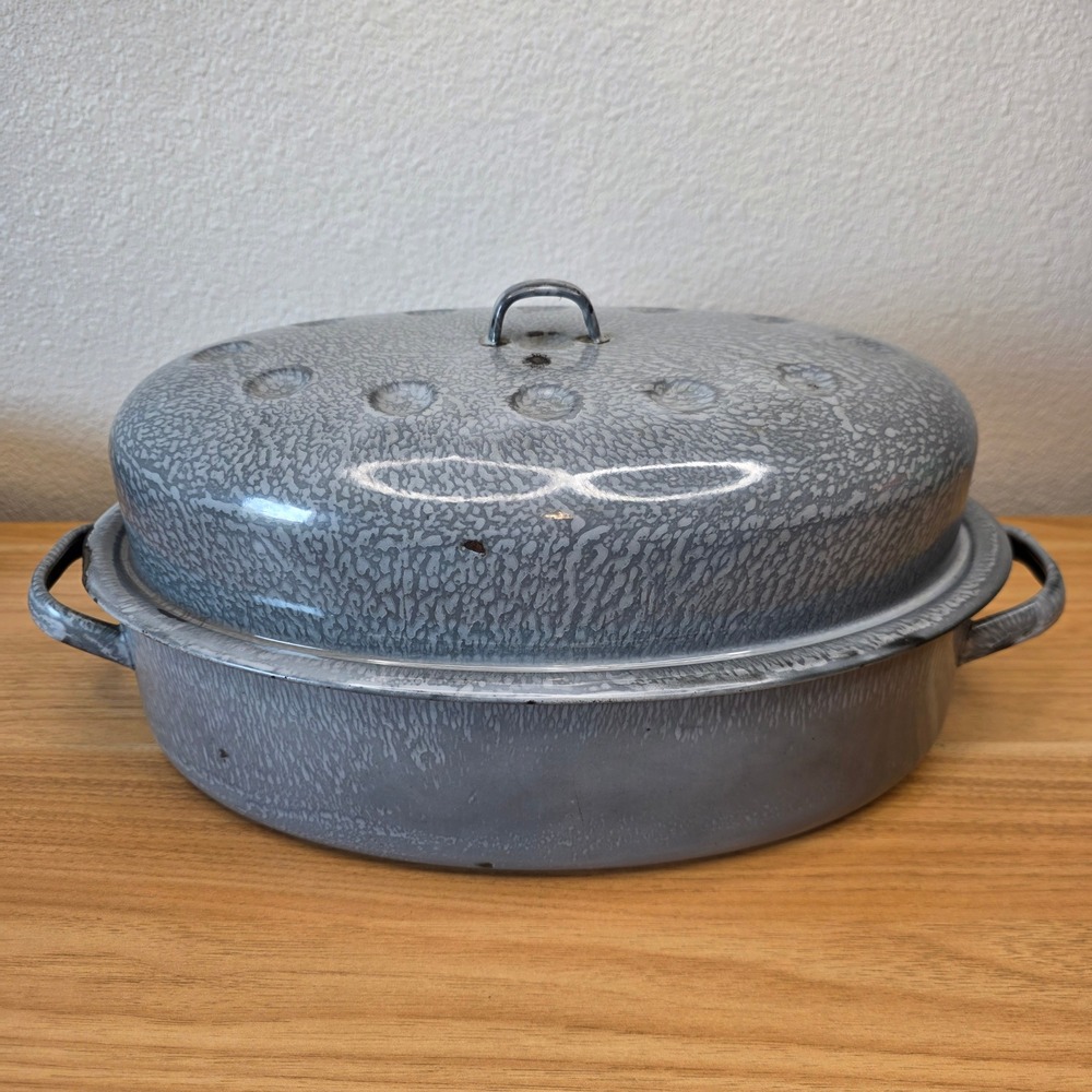 Vintage Gray Enamelware Graniteware Double Handled Roasting Pan Handled Lid